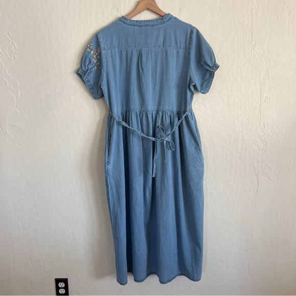 Vintage 90s April Cornell Floral Embroidered Chambray Tie Back Midi Dress Large - Picture 6 of 7